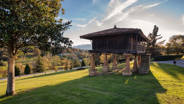 Asturian barn in Winter Park (Horreo del Parque de Invierno), Oviedo, Spain.
